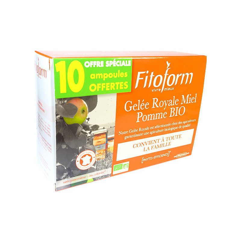 Gelée royale Miel Pomme Bio Fitoform 20 ampoules + 10 offertes