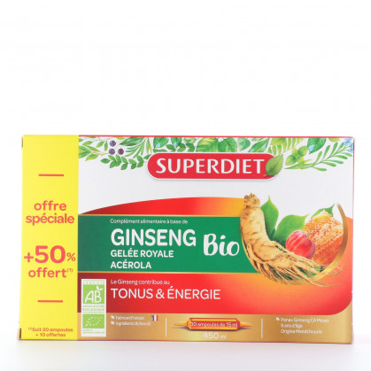Ginseng Gelée Royale Acérola Bio Super Diet 20 ampoules + 10 offertes